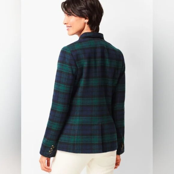 Talbots Black Watch Velvet Trim Plaid Blue & Green Holiday Wool Blend Blazer 12 - Picture 3 of 10